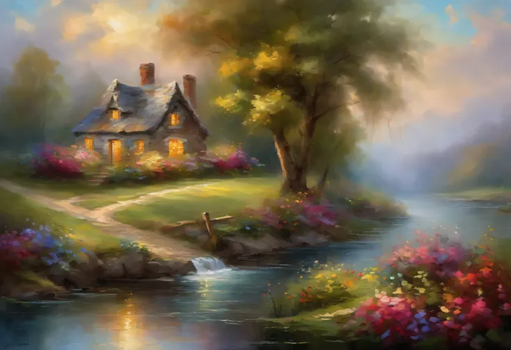 Realistic, authentic, a cottage under the tree, beside the stream,a boat in water,  fence and flowers along the road, flowers, beautiful and amazing landscape oil painting Studio Thomas Kinkade #39;s petal grassland with blue sky and white clouds --v6