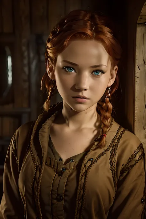 photo of 18 y.o woman, perfect eyes, short red hair, braid, looks at viewer, cinematic shot, hard shadows