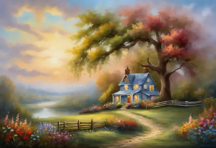 Realistic, authentic, a cottage under the tree, beside the stream, fence along the road, flowers, beautiful and amazing landscape oil painting Studio Thomas Kinkade #39;s petal grassland with blue sky and white clouds --v6