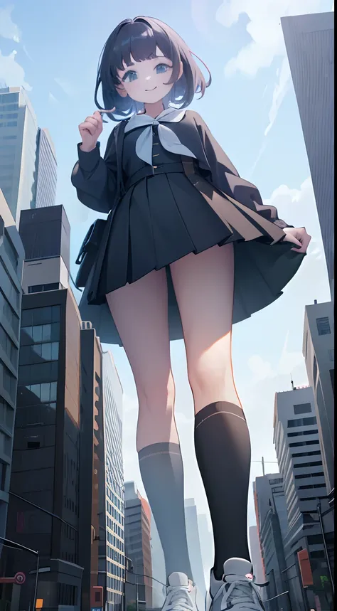 girl with huge boyish hair cut short in sneakers、taller than the building、school uniform、a miniskirt、black socks、a smile