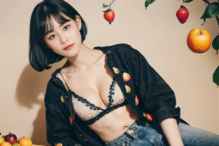 (Black Shorthair:1.3), (a 20 yo woman), (A hyper-realistic), (Masterpiece), (8KUHD), Looking at the camera, jeans, (Clothes with fruit pattern:1.3), large full breasts, (Fruit in the hair), living dining