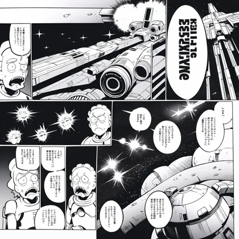 Rick and Morty，Black and white 4-panel comic，Star Wars theme，Tense plot