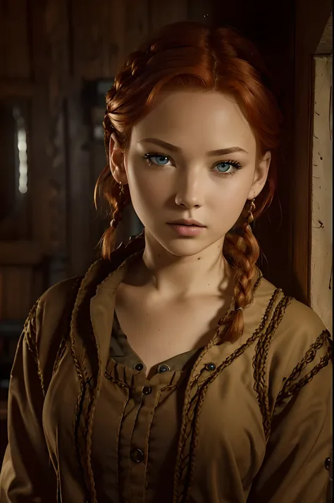 (photo of 18 y.o woman, perfect detailed eyes, short red hair, braid, gaze into the viewer's eyes, cinematic shot, dramatic ligh...