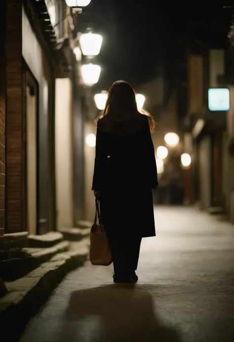 A suspicious man is staring from the shadows at the back of a Japan mature woman with straight long hair walking in a dimly lit alley