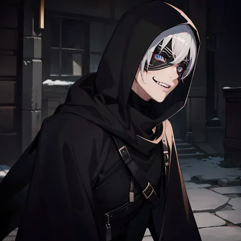 The highest quality, perfect masterpiece, perfect art, 8K, 1male, short silver hair, long black cape, black hood, no hoods, turtleneck, serious, mask in the eyes, clown mask, white mask, The mask fits the face just right and The mask has a scary smile,  on...