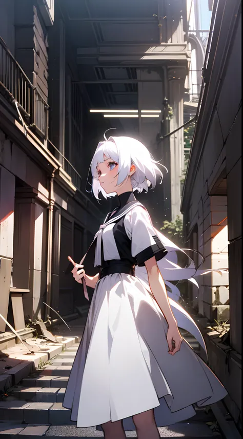 A girl with white hair, Anime-style, On the underground streets of ruins, With cinematic lighting