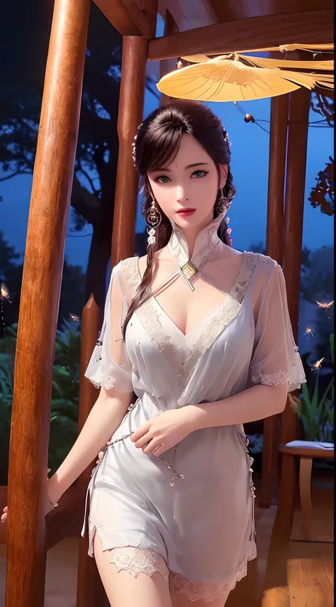 1 beautiful and sexy 20 year old girl, ((wearing a transparent silver nightgown with sexy white lace trim:1.7)), (((Transparent nightgown can see each part of the sexy girls body:1.7))), ((a dress with diamonds:1.7)), ((long black hair:1.6)), jewelry elabo...