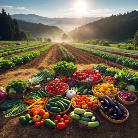 photoRealstic、4K、8K、Top image quality、Baskets on the ground contain different types of vegetables, Idyllic and fruitful land, permaculture, local cuisine, Verdure, veggies, Farmland, rows of lush crops, ❤🔥🍄🌪, abundant fruiting seeds, radiant morning light,...