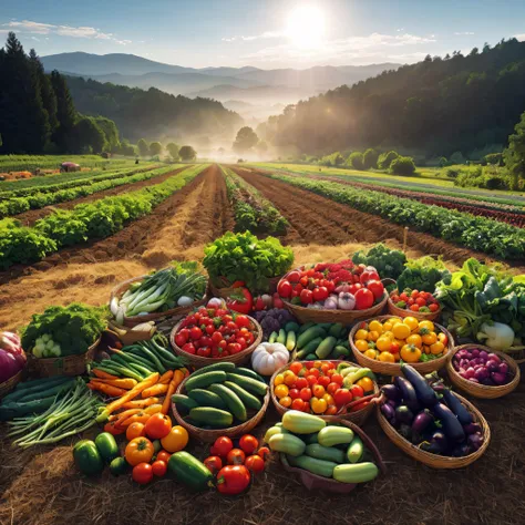 photoRealstic、4K、8K、Top image quality、Baskets on the ground contain different types of vegetables, Idyllic and fruitful land, permaculture, local cuisine, Verdure, veggies, Farmland, rows of lush crops, ❤🔥🍄🌪, abundant fruiting seeds, radiant morning light,...