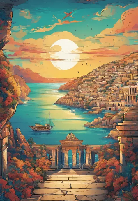 Ancient Greece，Aegean Sea ，—Width 672, landscape artwork, environment design illustration, scenery art detailed, Seaside view, concept-art, 4k highly detailed digital art, 4 k digital painting, 4k digital painting, stunning digital illustration, Desert bac...