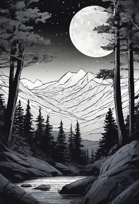 Night forest panels with full moon with mountaindark,comic panels creepy tress around,dark night,dark sky