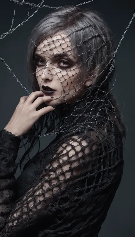 Girl with gothic net symbolic clothes, .com (Barbed wire of the body) brunette color hair, Gray hair ends, highres, ultra-detailed, realistic:1.37, portraits, dark, haunting, surreal, vibrant contrast, intense shadows, dramatic lighting