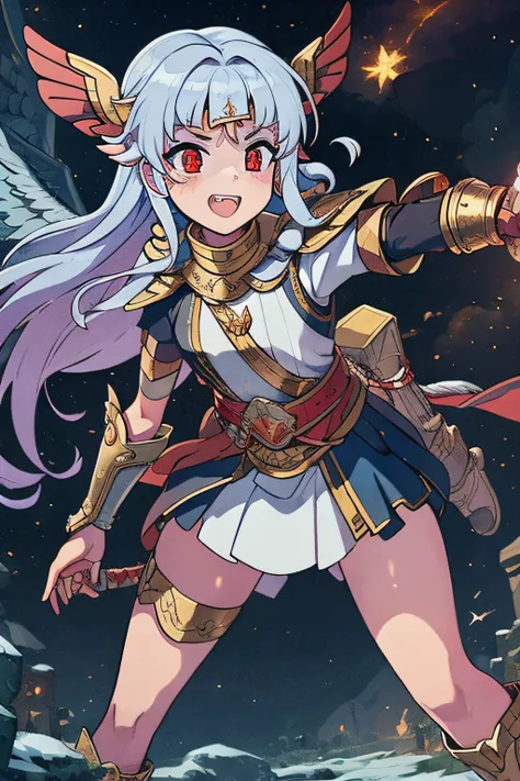 3 characters：Next to the girl in a sword suit is a winged male Aries warrior，The young god of war with long silver hair and red eyes laughed wildly in the starry sky，The background is a Greek sanctuary