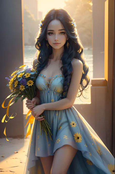 Best Quality, Masterpiece, Ultra High Resolution, Describe a young woman with long, wavy hair, wearing a summer floral dress in shades of blue and yellow. Her makeup is natural, with a focus on her eyes, adorned with mascara and subtle golden eyeshadow. Sh...