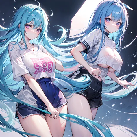 Long blue hair scattered，dual horsetail，Pink eyes，Loving pupils，girl，huge tit，White sports shorts，white short sleeve，Clothes drenched in sweat，Hold your hands between your chest