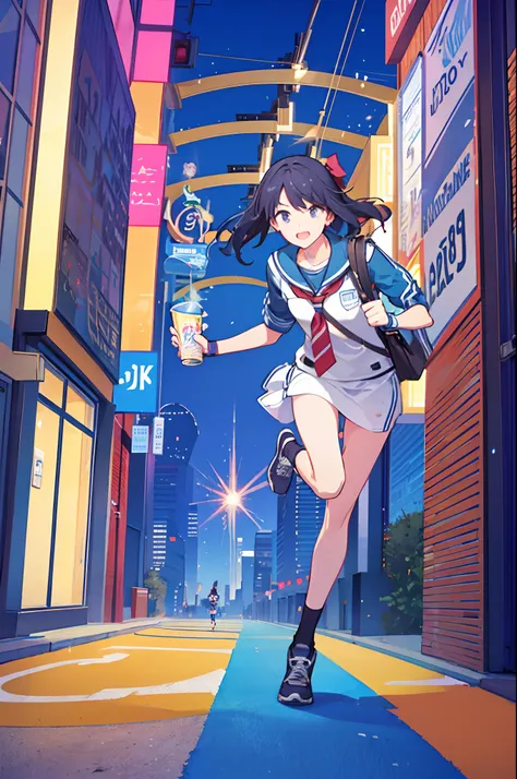 a high school student running through the city, holding a bag, movie poster