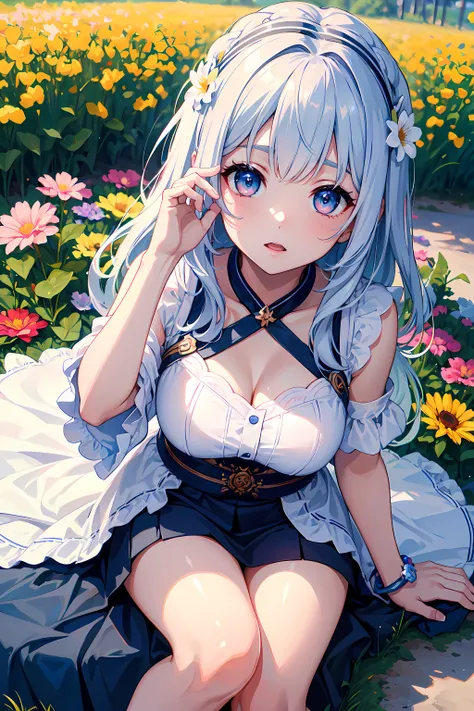 (best quality, 8k, masterpiece:1.2,ultra-detailed,realistic,photorealistic),Cutest,Cute girl,solo,mesugaki,Beautiful face,Beautiful eyes,Beautiful hair,Beautiful skins,skin whitening, light skinned,sitting,Lots of colorful flowers.