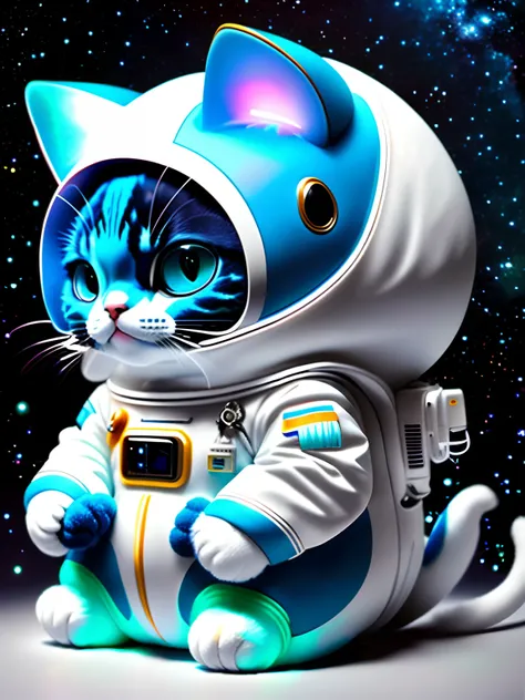 The spacesuit is white、Cat-shaped alien、Coat color is neon blue、Facing the front、