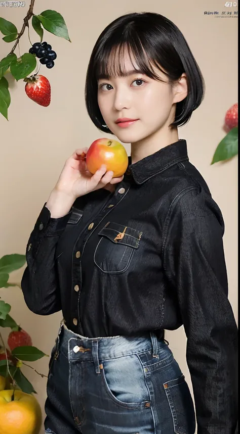 (Black Shorthair:1.3),  (a 20 yo woman), (A hyper-realistic), (Masterpiece), (8KUHD), Looking at the camera, jeans, (Clothes with fruit pattern:1.3), large full breasts, (living dining)