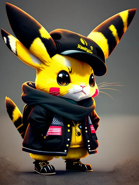 Painting depicting a black pikachu in a hat and scarf, Popular at the art station, dressed in punk clothes, Detailed, hyper realistic render, british gang member, Street style, intimidating pose, planet of cats, Clothes with fashion, urban samurai, meow , ...