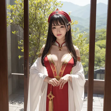 Neat and clean priestess、((best qualtiy、8k masterpieces:1.3))、foco nítido:1.2、(ultra beautiful faces:1.0)、(shinny skin:1.0)、photos realistic、A dark-haired、Video Lighting、High-definition eyes and face、Video Lighting、Japan Idol Actress、from the front side、me...