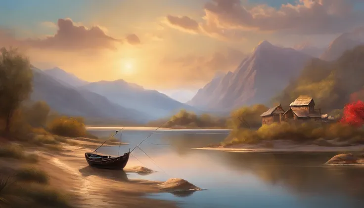 painting of fishing boat , River and mountain landscape with a lake , illustration matte painting, inspired by Thomas Kinkade, symmetric matte painting, detailed scenery , style raw, 8 k ultra detailed, environment design illustration, scenery art detailed...