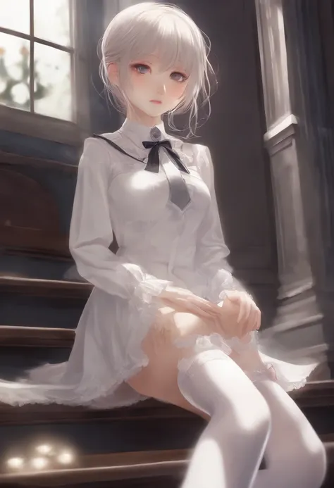 masterpiece, best quality, single kneehigh, night, loli, ahoge, white thighhighs, small_, masturbation, white kneehighs,