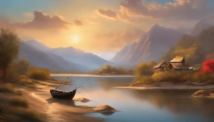 painting of fishing boat , River and mountain landscape with a lake , illustration matte painting, inspired by Thomas Kinkade, symmetric matte painting, detailed scenery , style raw, 8 k ultra detailed, environment design illustration, scenery art detailed...