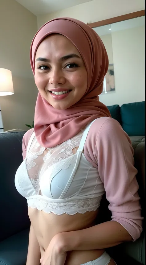 Malay girl in hijab wear white lace bra and panties seating on fabric couch, selfie view, detail skin, detail skin texture, mole below eyes, small breast, big hip, big waist, big thigh, slim abs, beautiful body, nighttime, laughing, happy, bright lighting,...