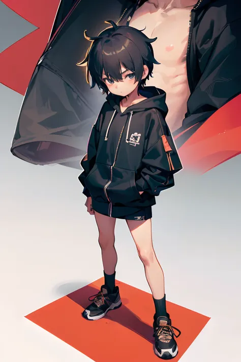 7-year-old boy, (((shota))), a small cute boy, navel, skinny, bare thigh, oversized zip hoodie sweat, sneakers, full body, (best...