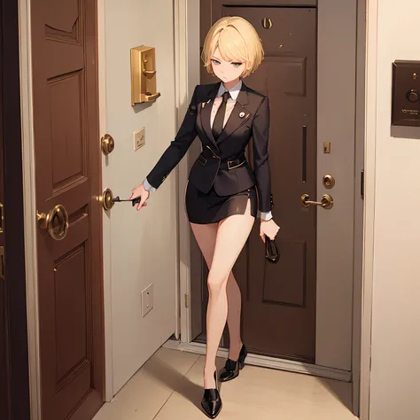 1girll，(short blonde hair:1.6)，Business suit，Skirt that wraps hips，black short socks，Mature and beautiful and sexy，Rich and noble families，In the corridor of the villa，(Knocking on the door:2)，facing away from the audience，seductive, Ultra-detailed CG，Exqu...