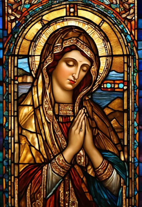 (Masterpiece, Best Quality, Best Quality, Official Art, Beautiful and Aesthetic: 1.2), (Woman in her 40s kneeling in prayer: 1.3), 1 FEMALE BREAK Stained glass art, colored glass, lead line, light transmittance BREAK Vivid colors, intricate design, luminou...