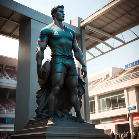 A statue of a rugby player at the entrance of the stadium