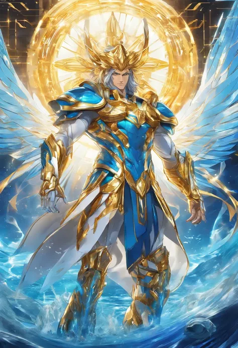 (Masterpiece, best quality), (clear focus, rich details), mighty greek god Poseidon dressed in blue and gold shining saint seiya version of futuristic advance battling god cloth, with beard, standing against the background of the under water world headquar...