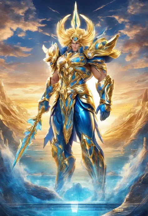 (Masterpiece, best quality), (clear focus, rich details), mighty greek god Poseidon dressed in blue and gold shining saint seiya version of futuristic advance battling god cloth, with beard, standing against the background of the under water world headquar...