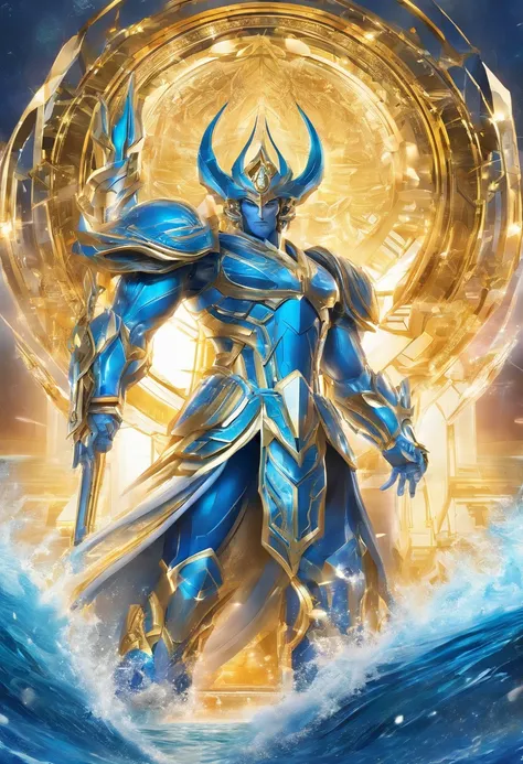 (Masterpiece, best quality), (clear focus, rich details), mighty greek god Poseidon dressed in blue and gold shining saint seiya version of futuristic advance battling god cloth, with beard, standing against the background of the under water world headquar...