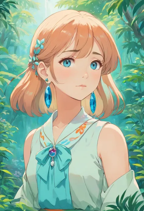 a girl wearing an anime collar, a long necklace and earrings, in the style of tranquil gardenscapes, colorful animation stills, masami teraoka, aquamarine, paul gauguin, Embry style, honest portrayal