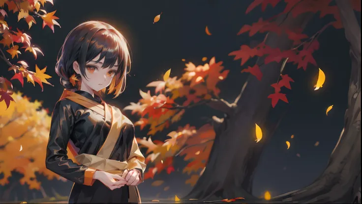 fallen leaves, fireflies, trees, dark background, autumn, autumn scenery, masterpiece, high res, very high quality, aesthetic, shining fallen leaves, anime, anime themed