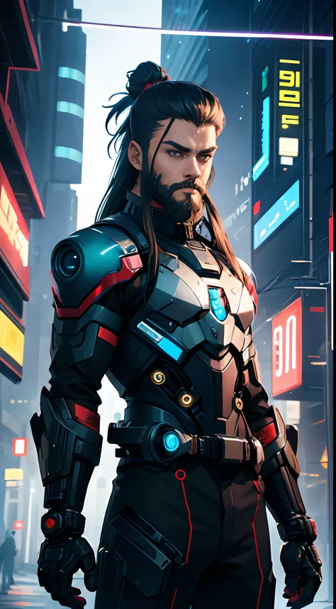 Sci fi cyberpunk style boy, mechanical suit, shar image, photography, ultra sharp, high definition, robotic suit, sci fi background, long hair with a man bun boy, big beard, male 1