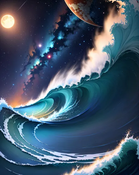 (Digital Painting),(Best Quality), Mare、Big wave、starrysky、ukiyoe painting, Katsushika Hokusai, 8K Ultra Real,