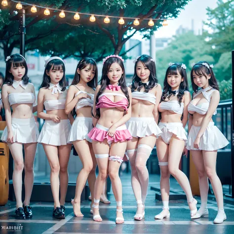 (((SFW, NSFW STILL SHOW, 12 Tiny Girls in a row:1.2, Shibuya Hachiko-mae scramble crossing on Halloween:1.2))), (masterpiece:1.2, (photorealistic:1.37)), {(Standing Full Body:1.2)|(from below:1.2)}, short silver hair, {naked bandage|tutu|School Uniform}, (...