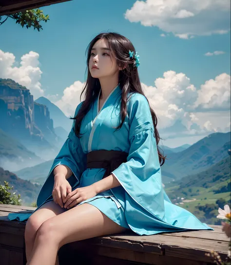 (best quality, masterpiece), Turquoise Screen Filter, (1girl, solo, brown robe, expression face, looking up, sitting, wide sleeves, black eyes, closed mouth, long hair, cowboy shot), (clear sky, cosmos flower filed, cloud),