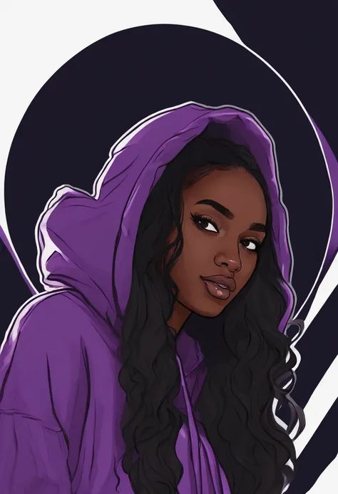 /imagine prompt: dark-skinned girl with long black wavy hair wearing purple hoodie illustration for a sticker with a black background, in bold outline style, jagged edges, trashcore, light shading --v 5.2