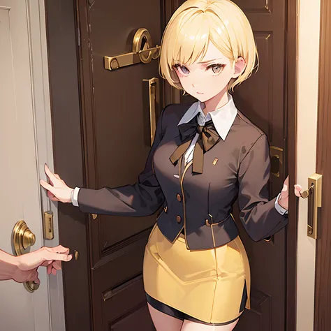 1girll，(short blonde hair:1.6)，Business suit，Skirt that wraps hips，black short socks，Mature and beautiful and sexy，Rich and noble families，In the corridor of the villa，(Knocking on the door:2)，facing away from the audience，seductive, Ultra-detailed CG，Exqu...