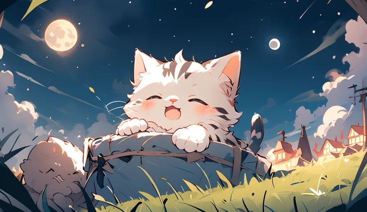 sleeping cat, dark, night, clouds, moon, grass