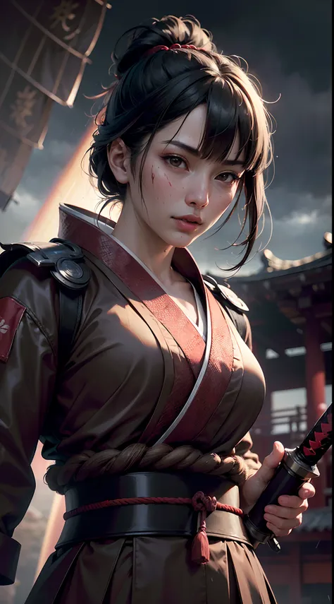 [object Object], (Detailed face features:1.3),1woman,japanese samurai,in the palace,fighting stance,blunt bangs,outdoor,stormy rain,red cloudy sky,upper body,Japanese Warring States Clothing,
(RAW photo, 16k, masterpiece, best quality: 1.2), (ultra realism...