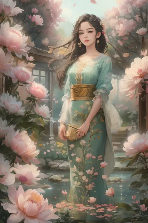 A girl standing in a beautiful garden, Surrounded by vibrant peony plants and jasmine petals floating in the air. The scenery is picturesque, A tranquil river flows beside the winding road. The girl has charming and delicate eyes, Long eyelashes enhance he...