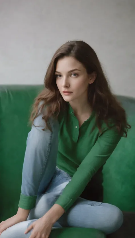 young sexy girl in jeans sitting on a green television by maryann coady, in the style of Sean Scully,  genderless, photo taken with fujifilm superia, bold curves, light white and white, industrial chic,upper body