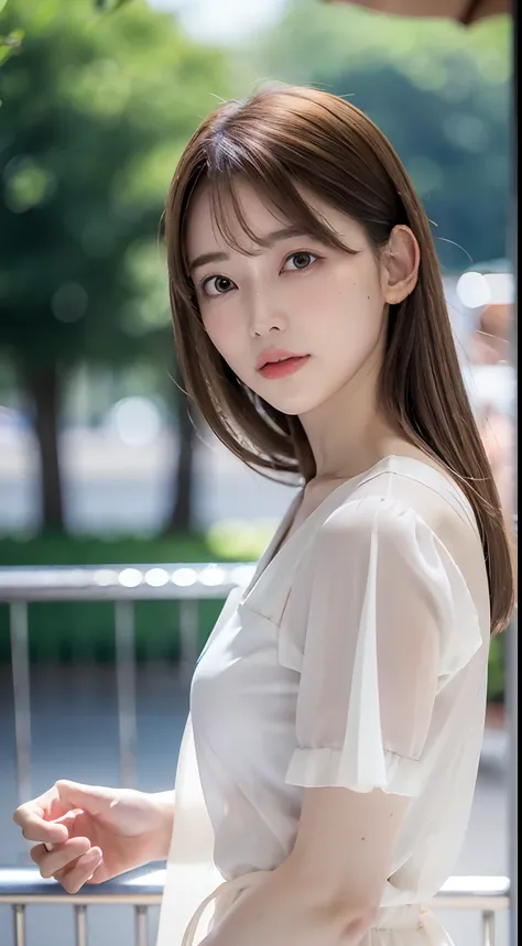 1womanl, up of face, mideum breasts, light brown hair, Blunt bangs, hair behind ear, hair over shoulder, Long hair, slender body shape, Ultra Fine Face, Thin face, Delicate lips, Beautiful eyes, thin blush, eyes are light brown, perfect glossy skin, flawle...