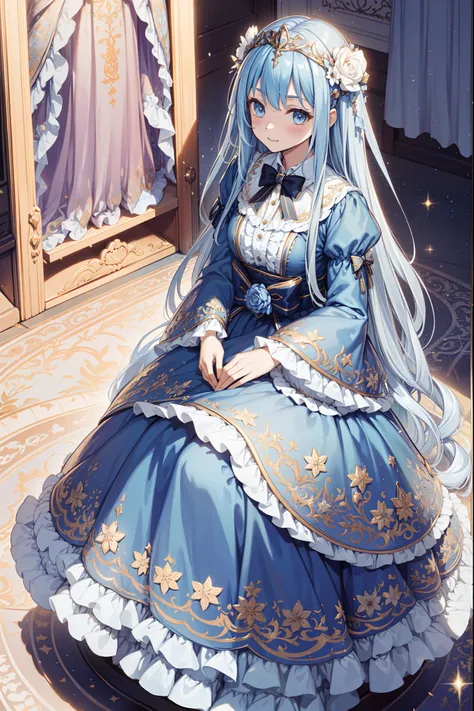 saints，Enchanted，having fun，Being in love，(Light Victorian dress)，silber hair，eBlue eyes，Seductive pose,streaked，Ruffles，Lace，A small amount of color ramp，Pattern，Floral decoration，Fabric headdress，Heavy bow，exquisite costumes，A small amount of transparent...